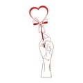 Hand holding heartshape lollipop pop art red lines