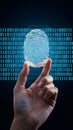 Hand holding holographic fingerprint, dark background with binary code, biometric access Royalty Free Stock Photo