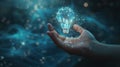 The Hand Holding Holographic Lightbulb.AI generated image Royalty Free Stock Photo
