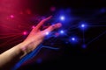 Hand holding holographic of metaverse network on black background, metaverse internet social online technology, digital cryptocur