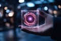Hand holding Holographic Quantum Core in Modern Laboratory