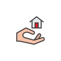 Hand holding home filled outline icon