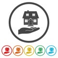 Hand holding home house ring icon, color set