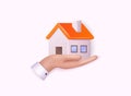 Hand holding home. Minimal Home icon and logo. Property insurance template. 3D Web Vector Illustrations