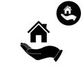 Hand holding home - white vector icon