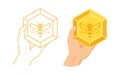 Hand holding a honeycomb with a graphic icon, silhouette of the bee. Isolated on background vector drawing for honey products, pa