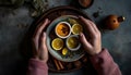 Hand holding hot tea, lemon slice, rustic table generated by AI