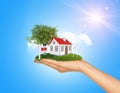 Hand holding house on green grass with red roof Royalty Free Stock Photo