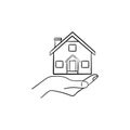 Hand holding house hand drawn outline doodle icon.
