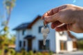 Hand holding house key against a blurred background of a modern home Royalty Free Stock Photo