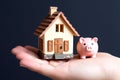 Hand holding house model and piggy bank. Mortgage plan, housing industry and residential tax saving strategy. Generative Royalty Free Stock Photo