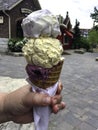 Hand holding ice cream cone with fruit and vanila ice cream flavour