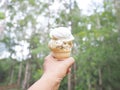 Hand holding ice cream over blurred green forest background Royalty Free Stock Photo