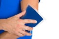 Hand holding ice gel pack on elbow Royalty Free Stock Photo