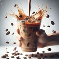hand is holding Iced coffee in a clear plastic cup with ice and coffee beans, which was Splash and shake with AI generated Royalty Free Stock Photo