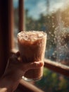 Hand Holding Iced Coffee by Window in Sunlight Royalty Free Stock Photo