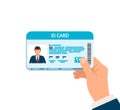 Hand holding the ID card. Personal identity with photo of business man. Man shows the Identification card. vector