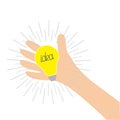 Hand holding idea light bulb lamp. Shining line round effect. Yellow color switch on. Flat design. Business concept. White backgro Royalty Free Stock Photo