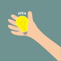 Hand holding idea light bulb lamp. Yellow color switch on. Flat design. Business concept. Blue background. Isolated. Royalty Free Stock Photo