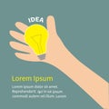 Hand holding idea light bulb lamp. Yellow color switch on. Flat design. Business concept. Template. Blue background. Isolated.