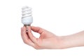 Hand holding Illuminated light bulb isolated on white background. Energy-saving lamp in hand on white background Royalty Free Stock Photo