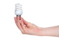 Hand holding Illuminated light bulb isolated on white background. Energy-saving lamp in hand on white background Royalty Free Stock Photo