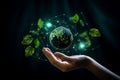 Hand holding illuminated planet earth with networking lines and leaves. Generative AI Royalty Free Stock Photo