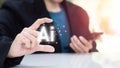 Hand holding interface diagram artificial intelligence or ai. Connection of technology and innovation, machine learning. Royalty Free Stock Photo