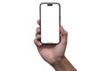 Hand holding iPhone14 pro max , Black smartphone - Clipping Path