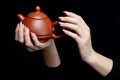 Hand holding a Japanese ceramic teapot with lid