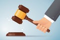 Hand holding judge wood hammer background. concept of justice. vector illustration EPS10 Royalty Free Stock Photo