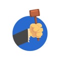 Hand holding judges gavel, wooden hammer of judge or auctioneer cartoon vector Illustration Royalty Free Stock Photo