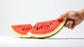 a hand holding a juicy slice of watermelon, with seeds and juice scattered on white table
