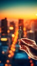 Hand holding a key against a city sunset background. Concept of property ownership, city life, and real estate Royalty Free Stock Photo