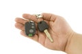 Hand holding key and car alarm system Royalty Free Stock Photo