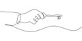 Hand holding a key in continuous line drawing, symbolizing opportunity and unlocking potential