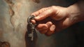 A hand holding a key in front of an old wall, AI Royalty Free Stock Photo
