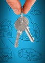 Hand Holding key with home drawing in front of vignette Royalty Free Stock Photo