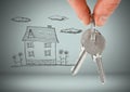 Hand Holding key with house drawing in front of vignette Royalty Free Stock Photo