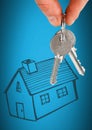 Hand Holding key with house home drawing in front of vignette Royalty Free Stock Photo