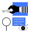 Hand holding key near magnifying glass, binary code, and eye for data security and access concepts Royalty Free Stock Photo