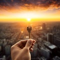Hand holding key with a sunset background over the city. Concept of new apartment, real estate purchase, home buying Royalty Free Stock Photo