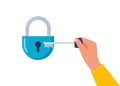 Hand holding key to unlock padlock. Metal key and a blue lock. Vector illustration