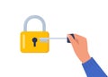 Hand holding key to unlock padlock. Metal key and a yellow lock. Vector illustration