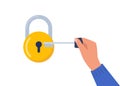 Hand holding key to unlock padlock. Metal key and a yellow lock. Vector illustration