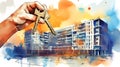 Hand holding keys on a background of apartment building. Watercolor illustration. Concept of real estate, home buying Royalty Free Stock Photo