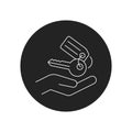 Hand holding keys black glyph icon. Rental service. Pictogram for web, mobile app, promo. UI UX design element. Royalty Free Stock Photo