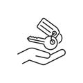 Hand holding keys black line icon. Rental service. Pictogram for web, mobile app, promo. UI UX design element. Editable Royalty Free Stock Photo