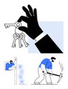 Hand holding keys, man breaking obstacles with sledgehammer, figure assessing risks Royalty Free Stock Photo