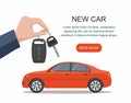 Hand holding keys to new red car. Web banner Royalty Free Stock Photo
